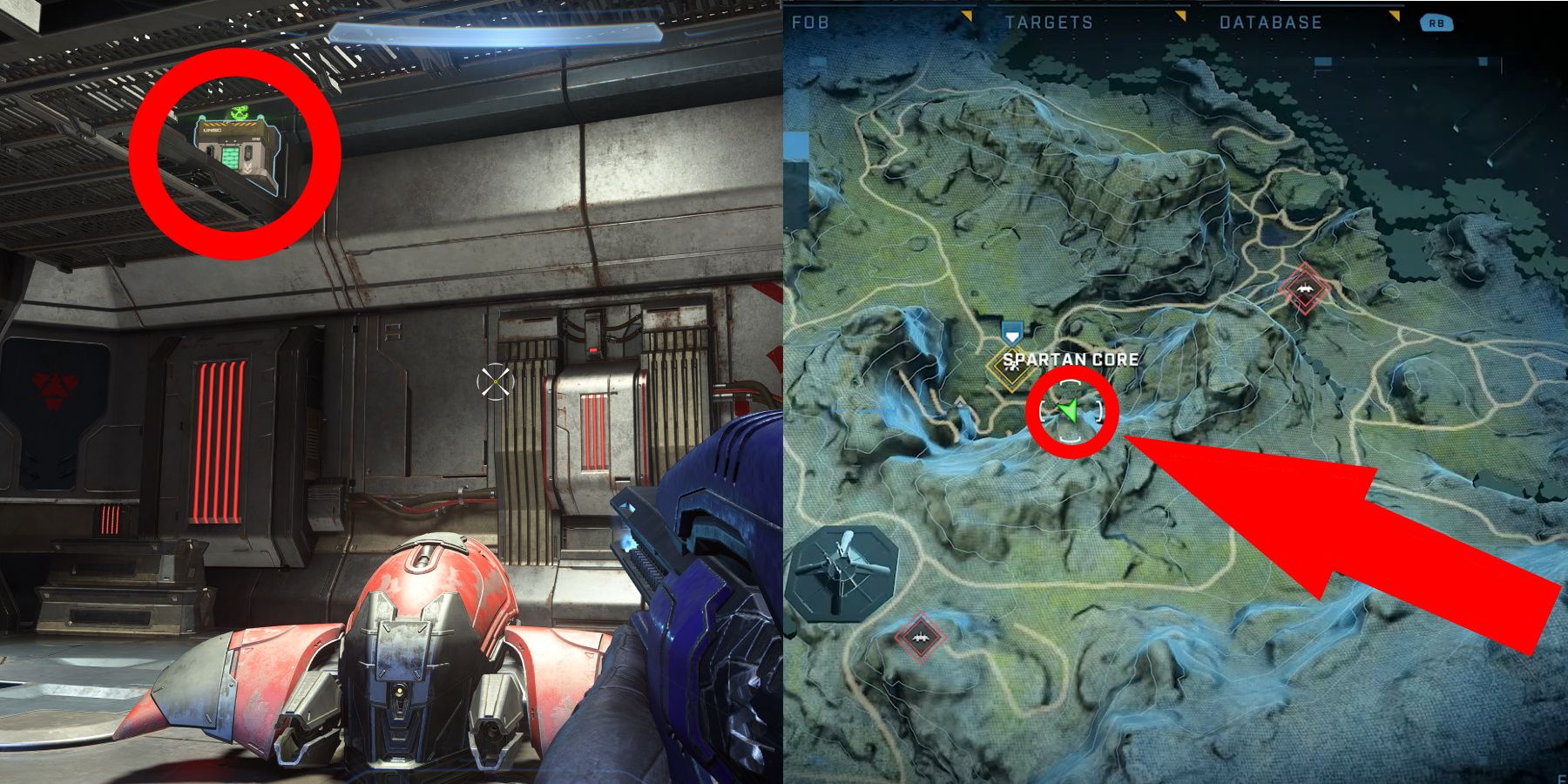 Halo Infinite Excavation Site Spartan Core Location 1 circled in game and on map