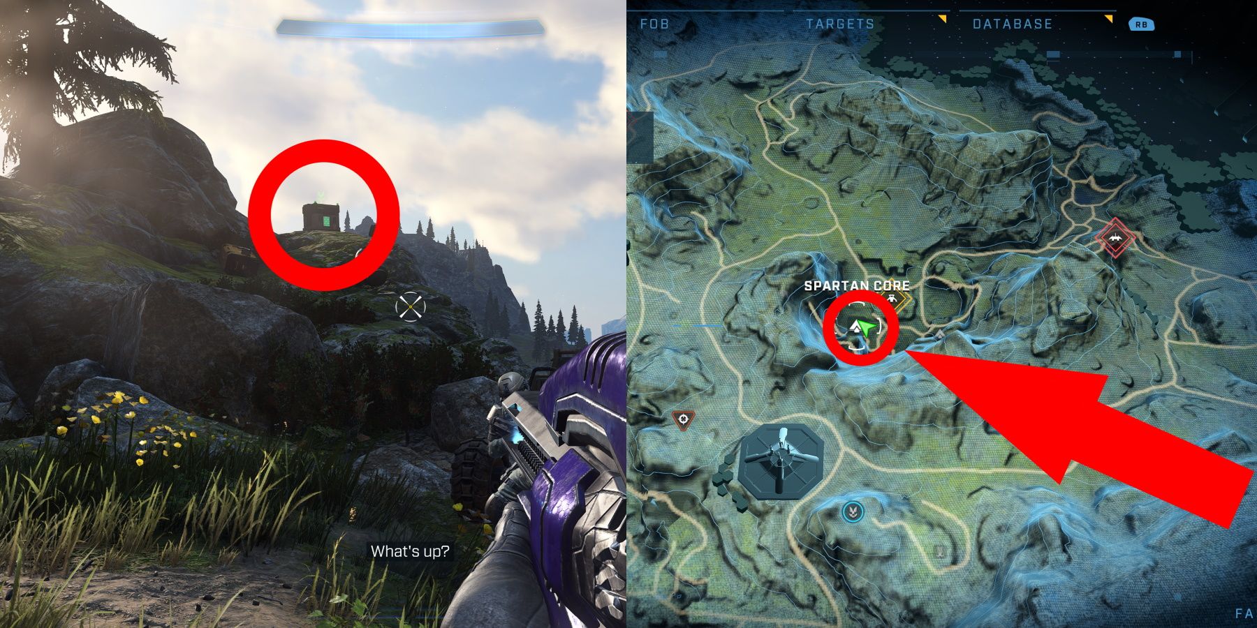 Halo Infinite Excavation Site Spartan Core Location 2 circled in game and on map