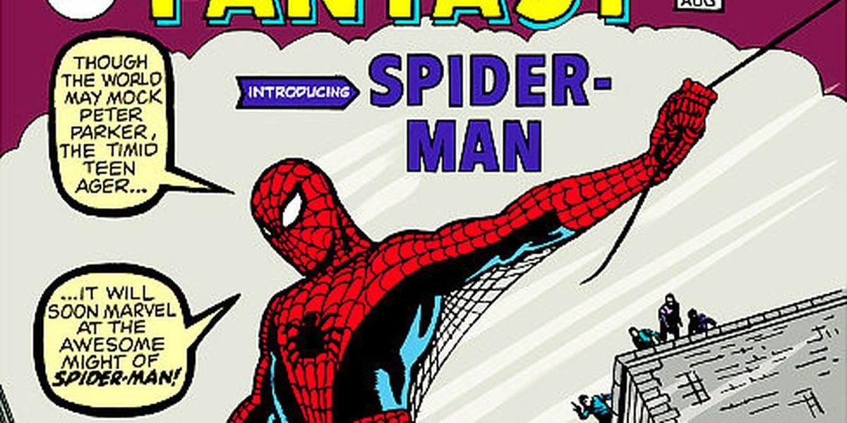 spider-man swinging in front of a rooftop underneath a comic cover banner