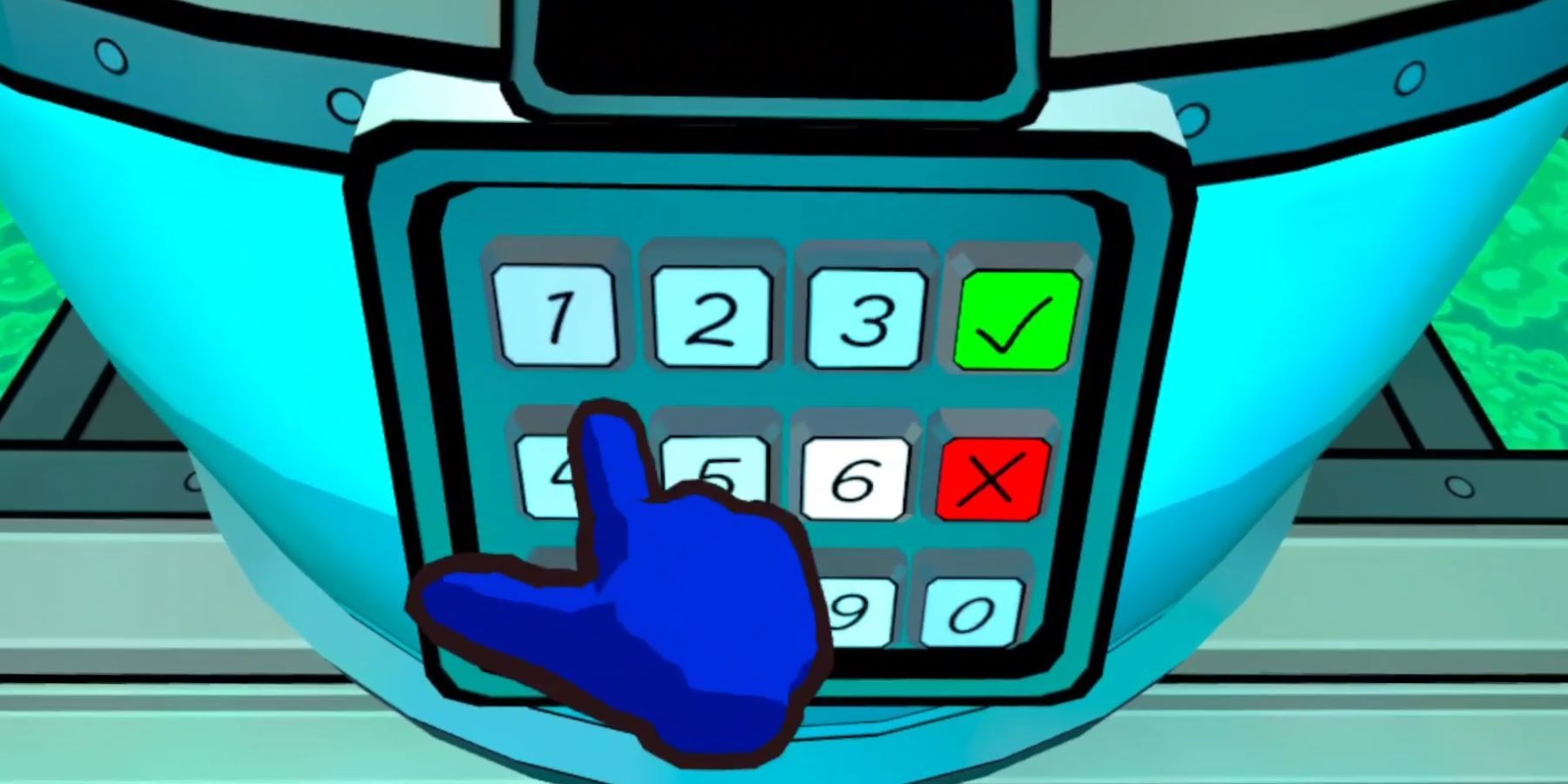 A blue Crewmate typing a code into a keypad in the Among Us VR announcement trailer
