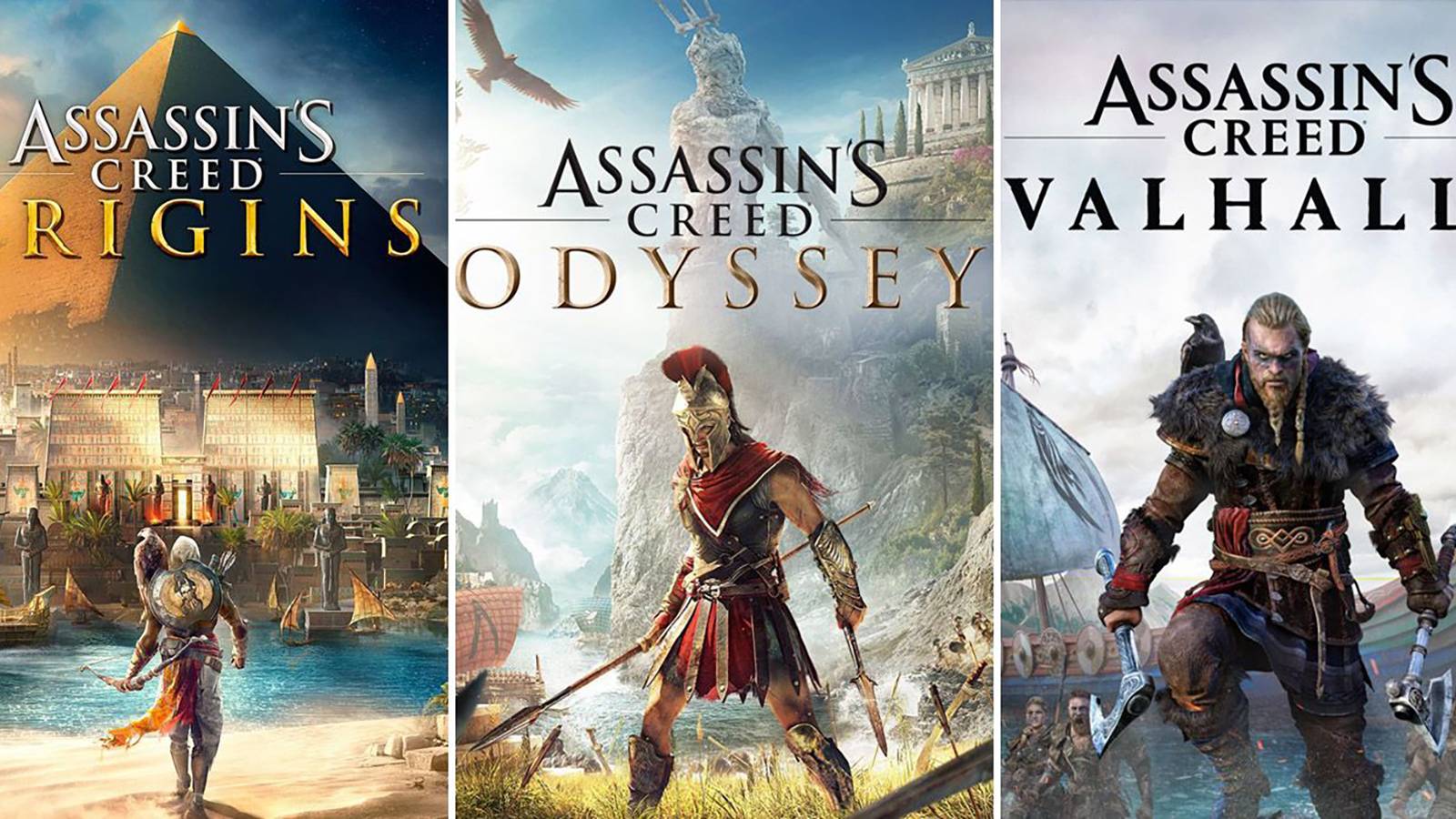 Assassins Creed Origins Odyssey Valhalla Box Art