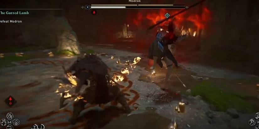Assassin's Creed Valhalla Gutted Lamb Modron swinging flaming weapons