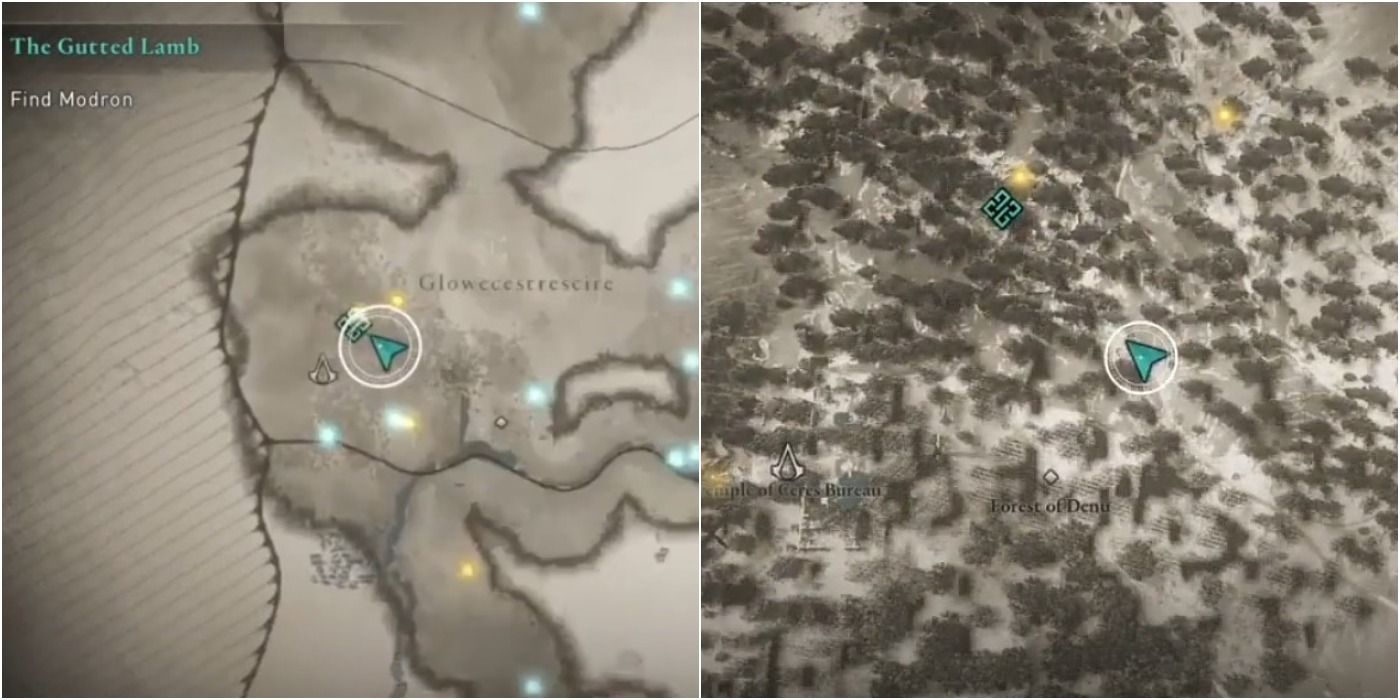 Assassin's Creed Valhalla Gutted Lamb map split image of distance and close up view