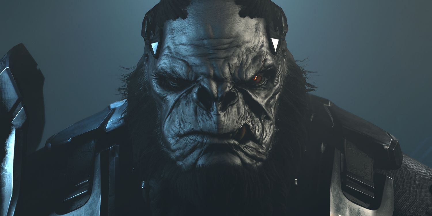 a close up shot of a scarred, angry-looking gorilla alien in heavy armor 