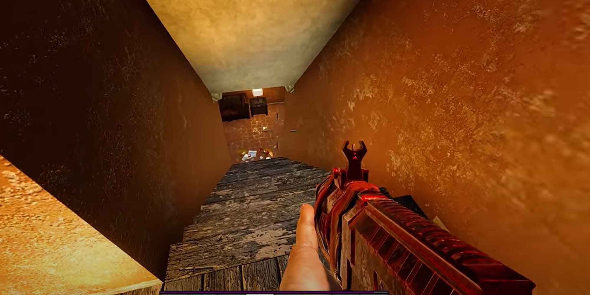 Staring down a stairwell with a Auto Shotgun in hand in 7 Days to Die