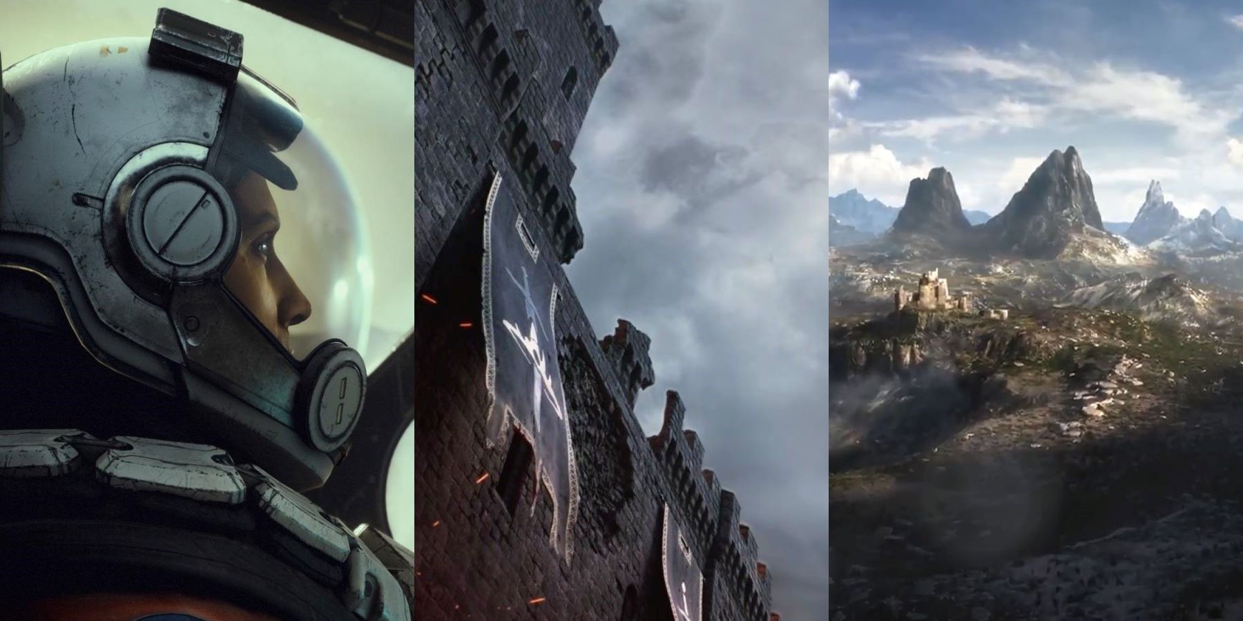 A side-by-side comparison of a Starfield astronaut, an Avowed rampart, and the Elder Scrolls 6's mountains