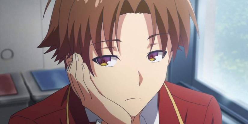 Ayanokoji Kiyotaka resting his face on his hand looking bored in classroom of the elite