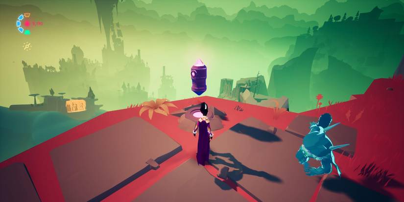 rei in a purple outfit standing a cliff edge with a mechanical object floating in front of her and blue, holographic figure standing behind her