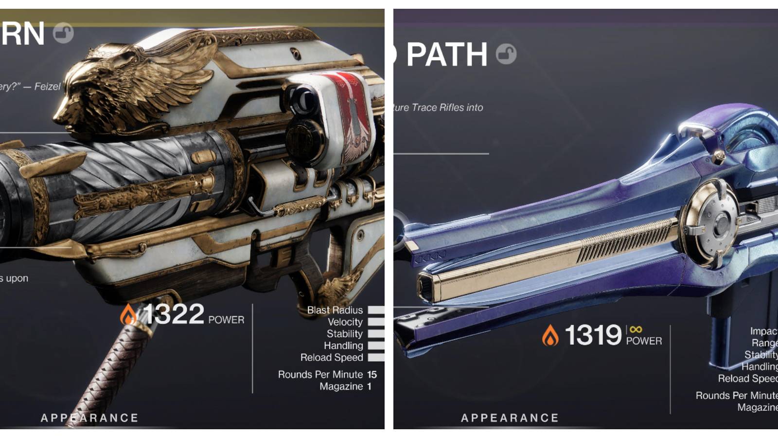 two images: a large, gold and white gun with a golden, winged bear motif on top; a blue and gold, metallic, futuristic looking gun