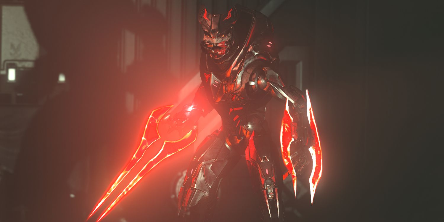 an alien being in red and black armor with two large, glowing red blades on either hand 