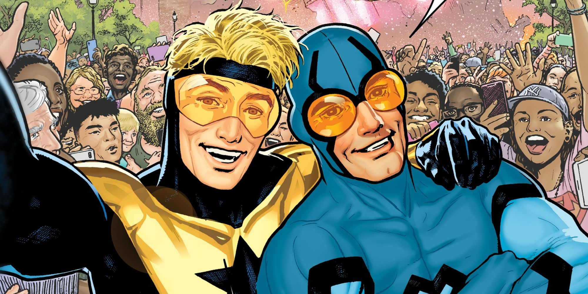 Blue Beetle and Booster Gold surrounded by a cheering crowd in Blue and Gold