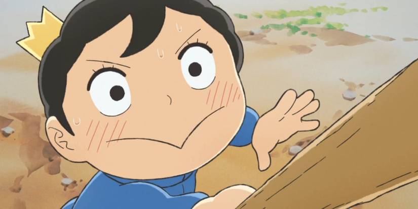 Bojji smiling after landing a hit on Daida with a wooden stick