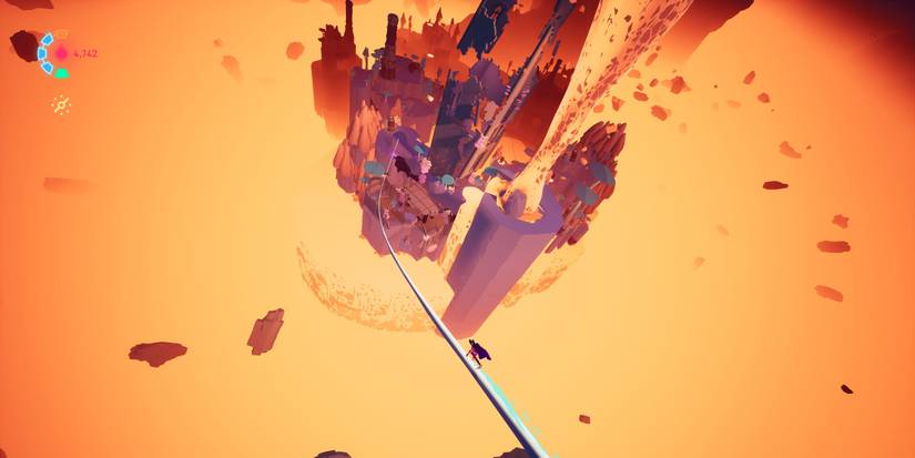 a small figure on a grinding rail heading toward a crumbling castle in the middle of a lake of lava