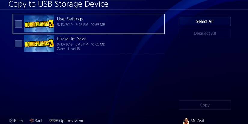 Borderlands 3 Copy to USB Storage Device PS4 Menu