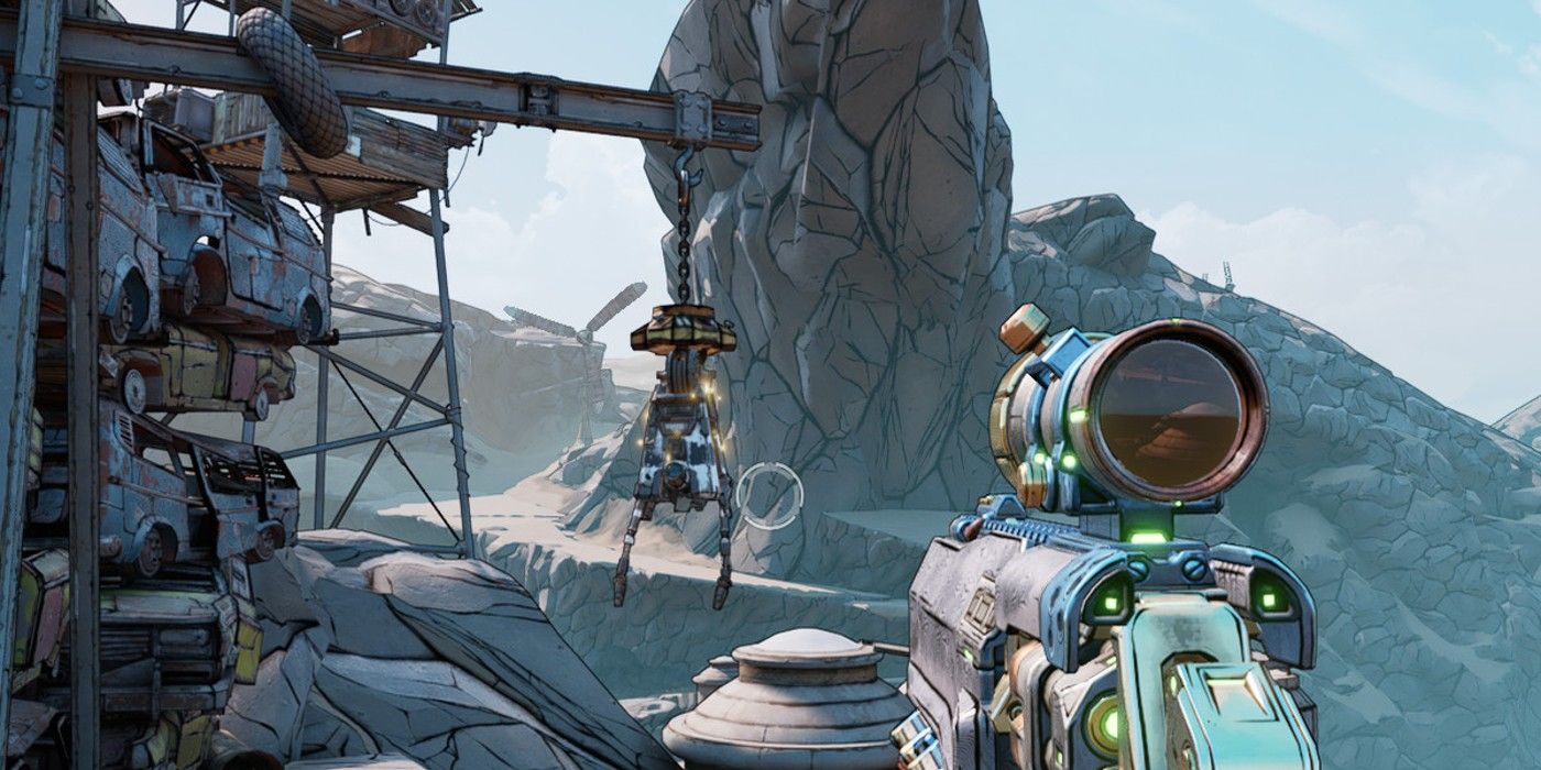 Borderlands 3 The Droughts with cliffs, stacked cars and hanging bot