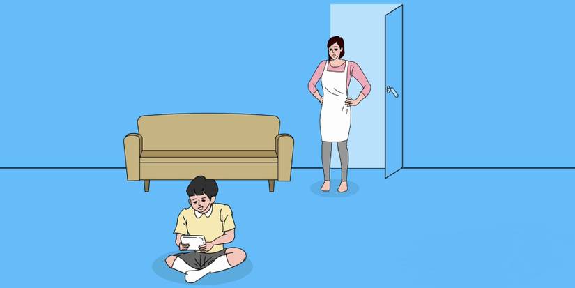 The boy playing his game and his mom watching in Mom Hid My Game