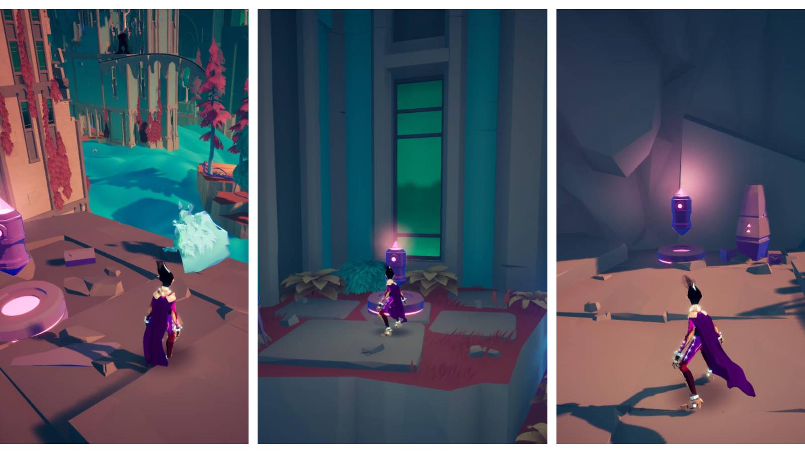 three images: rei standing on a rooftop with a blue hologram and a mechanical, cylindrical prism; rei facing a voidrunner stash inside a ruined building; rei facing a voidrunner stash that's against a rocky cliff 