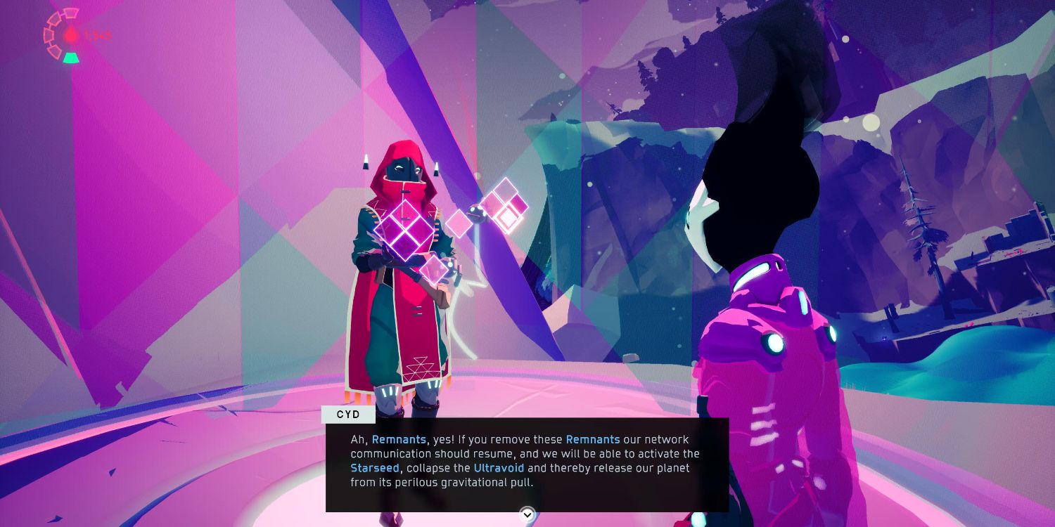 a figure in white mask and purple cape speaks to another person in a red cloak with a technological display in front of them