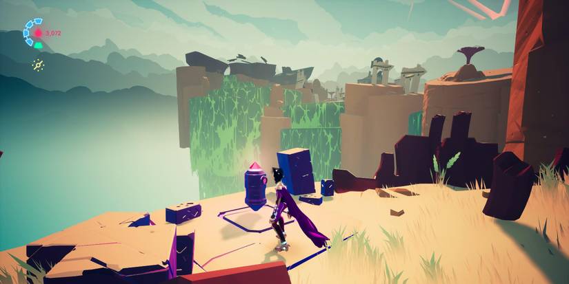 rei facing a cache with pink lights on it overlooking a cliff with green waterfalls and a crashed ship in the distance