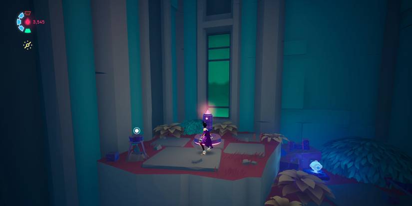 a purple caped figure in a makeshift campsite inside a ruined building looking at a floating, cylindrical prism with pink lights