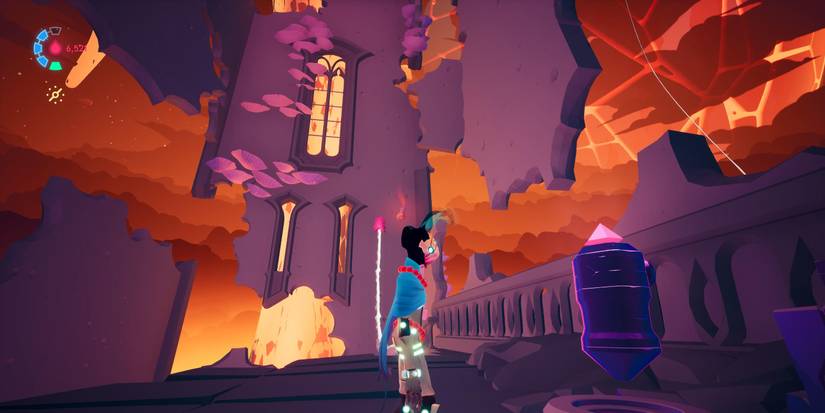 rei standing next to a cache with a cathedral wall floating in the background