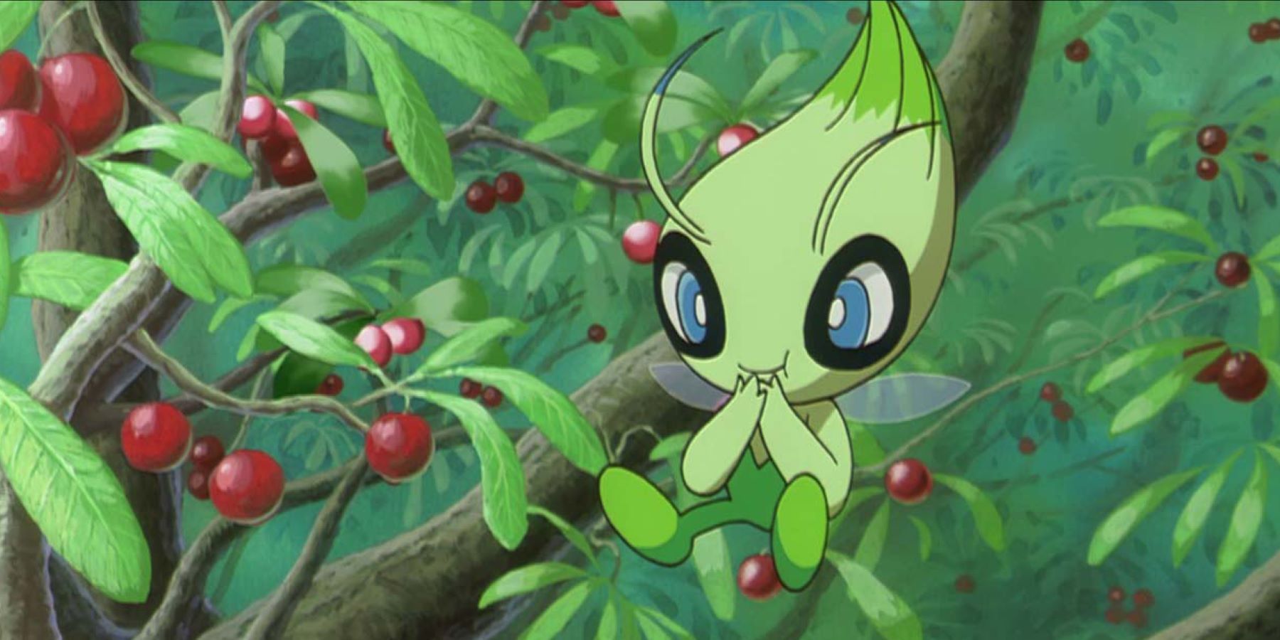 A Celebi floating and eating berries off of a tree in the Pokemon anime