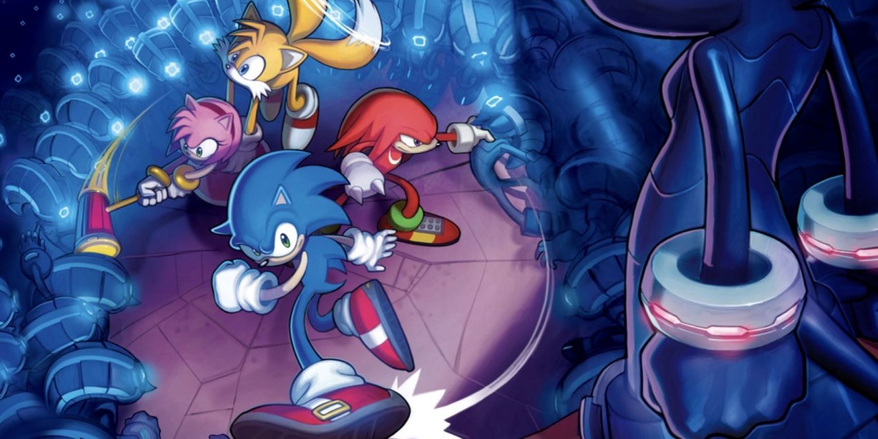 Sonic, Knuckles, Tails, and Amy fighting back to back in art for Sonic Chronicles: The Dark Brotherhood