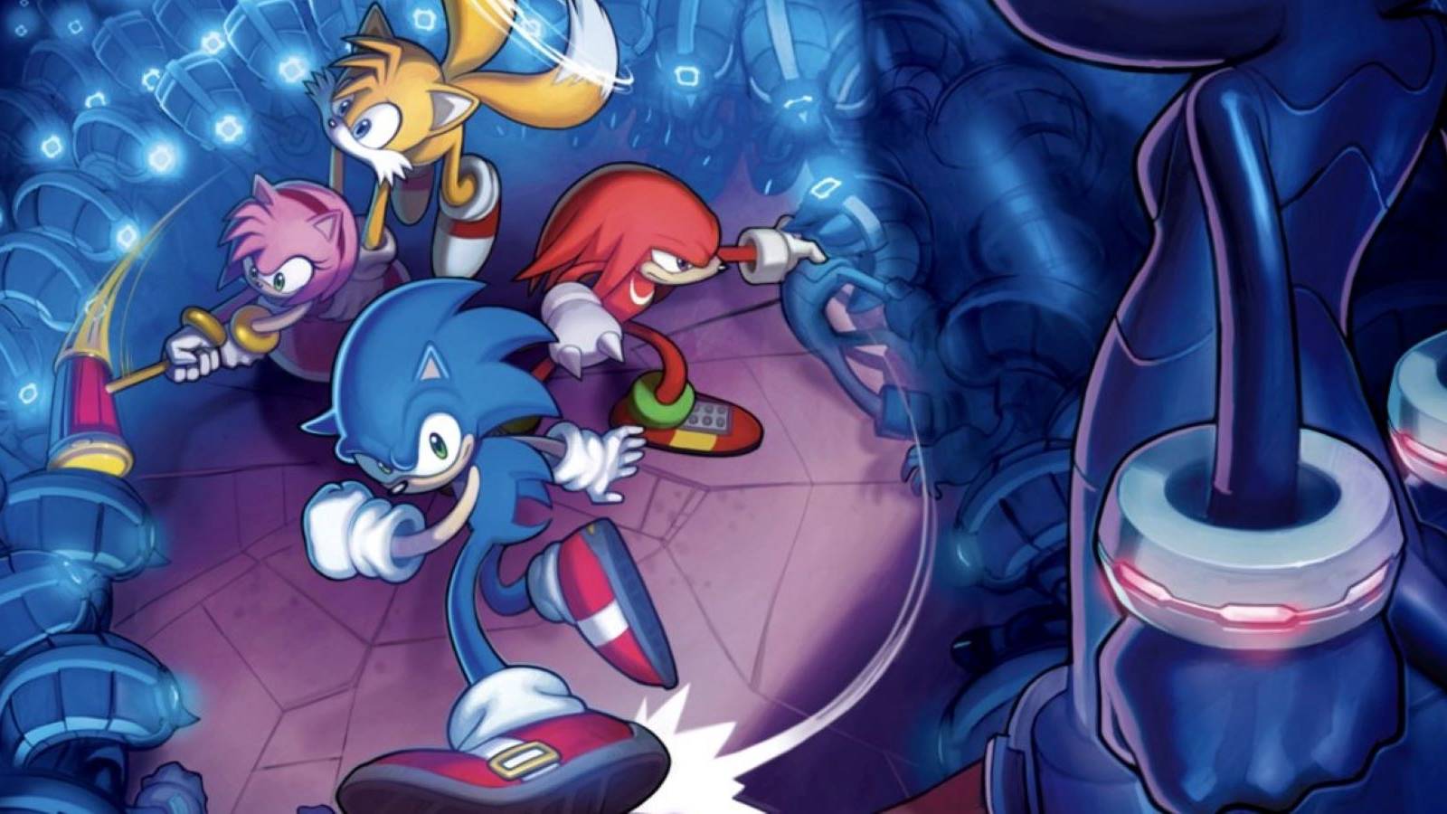 Sonic, Knuckles, Tails, and Amy fighting back to back in art for Sonic Chronicles: The Dark Brotherhood