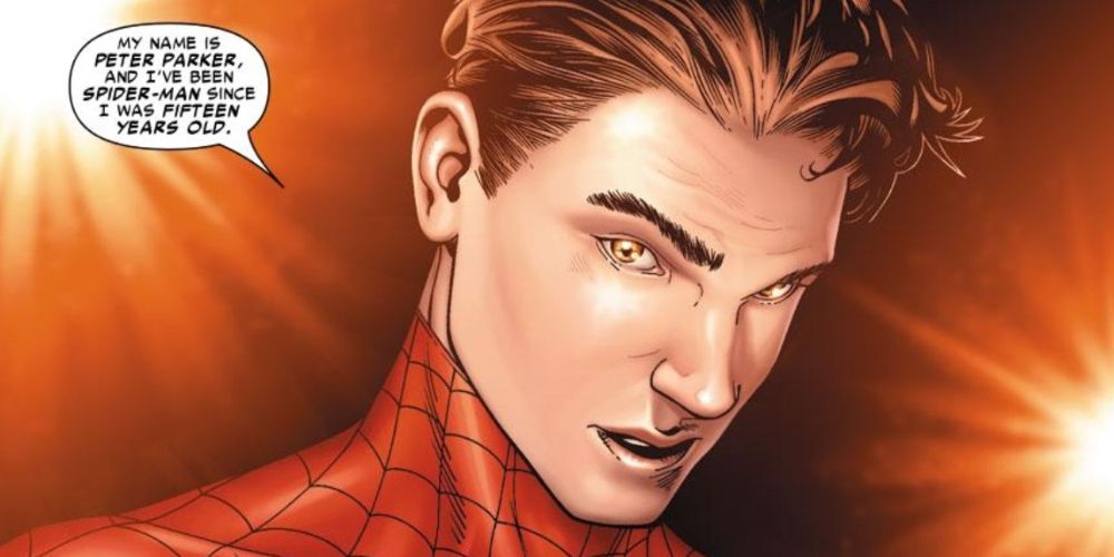 a close up on a young, white, boyish faced man with brown hair as he reveals that he's Spider-Man