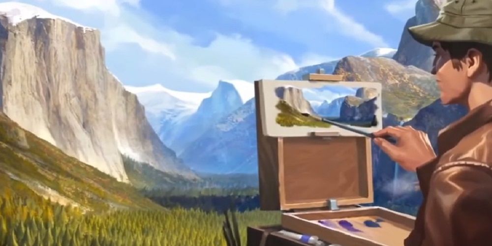 A screenshot of somebody painting a beautiful mountain view, from the Civilization 6 Culture Victory Ending Cutscene