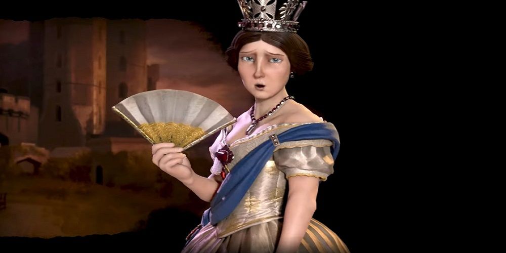 Civilization 6 Queen Victoria holding fan and looking disdainfully at the player