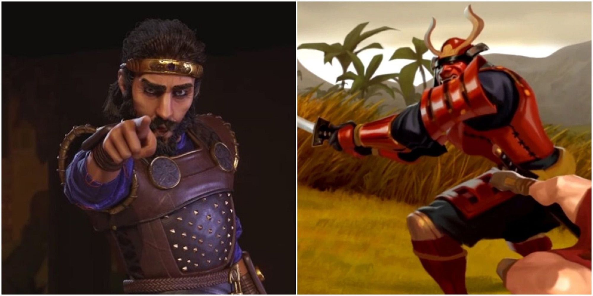 Civilization 6 split image Cyrus Persia leader gesturing and still from Domination victory cutscene