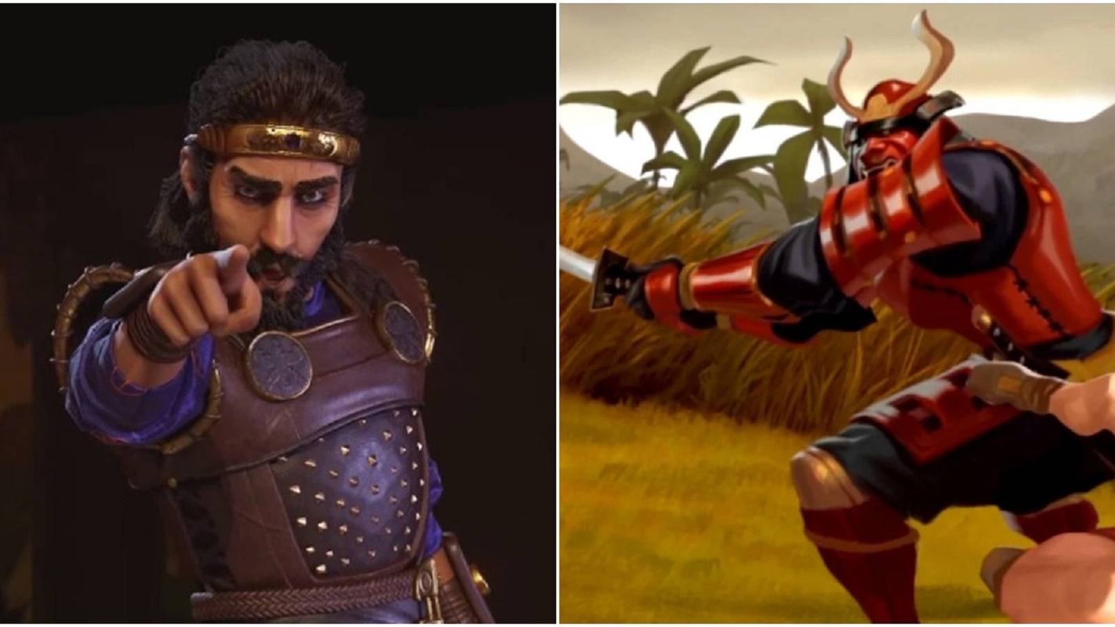 Civilization 6 split image Cyrus Persia leader gesturing and still from Domination victory cutscene