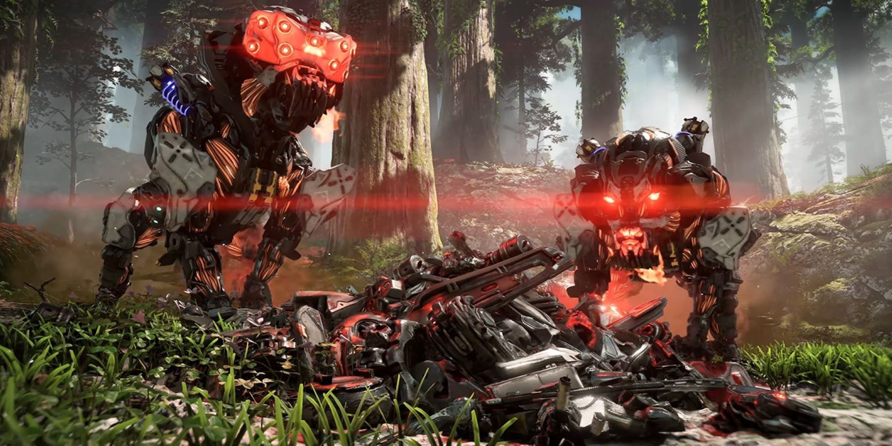 Two Clamberjaws standing over the wreckage of a machine in a redwood forest in Horizon Forbidden West