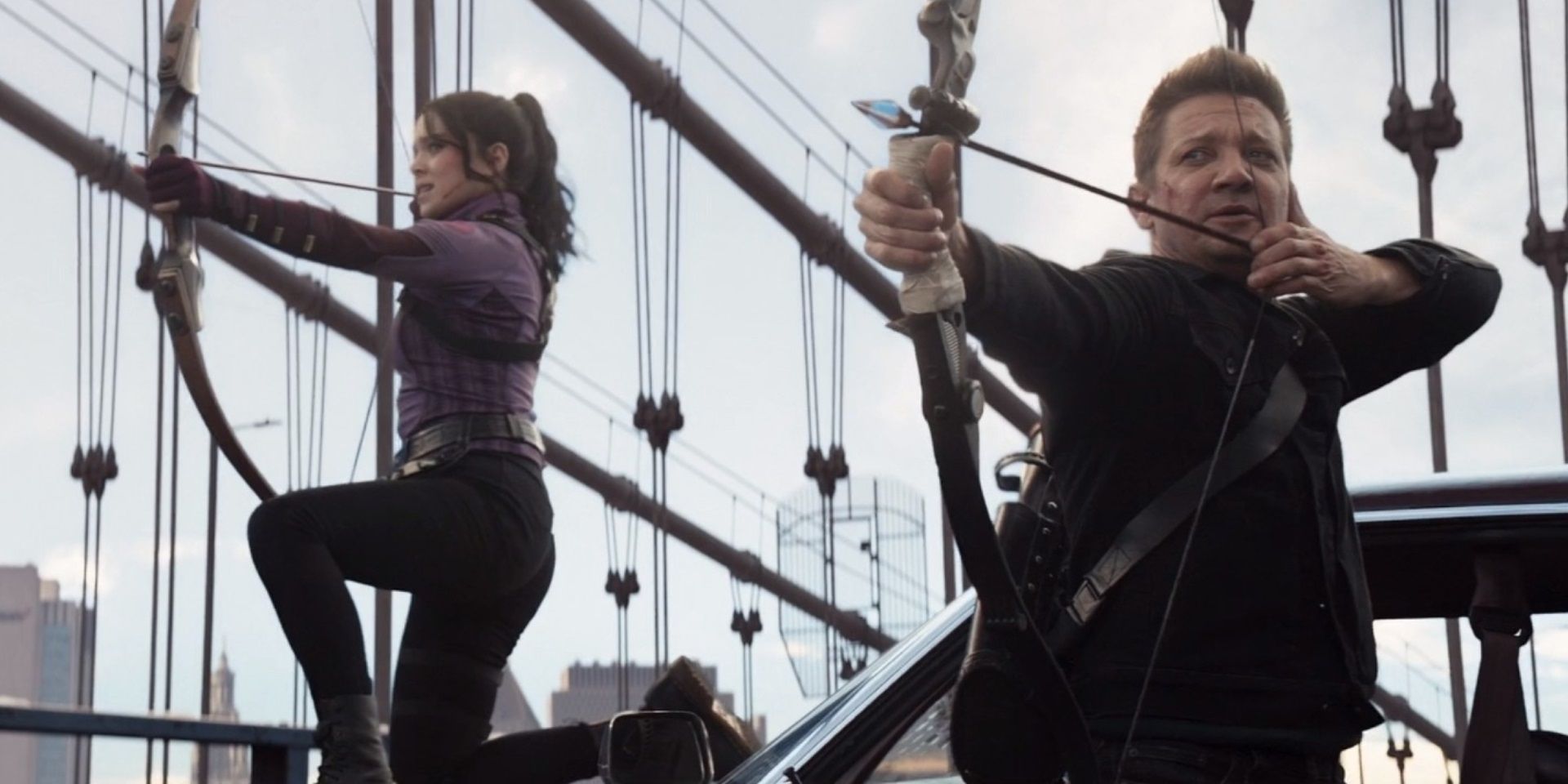 Clint and Kate team up on a bridge in Hawkeye