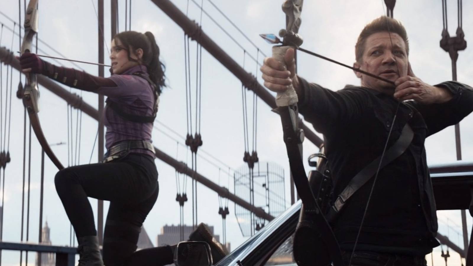 Clint and Kate team up on a bridge in Hawkeye