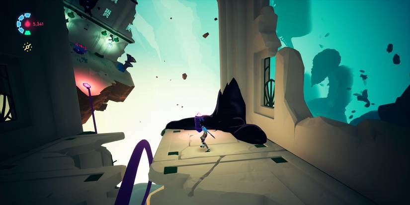 rei standing in a ruined building with a glowing cache next to a thing, purple rail 