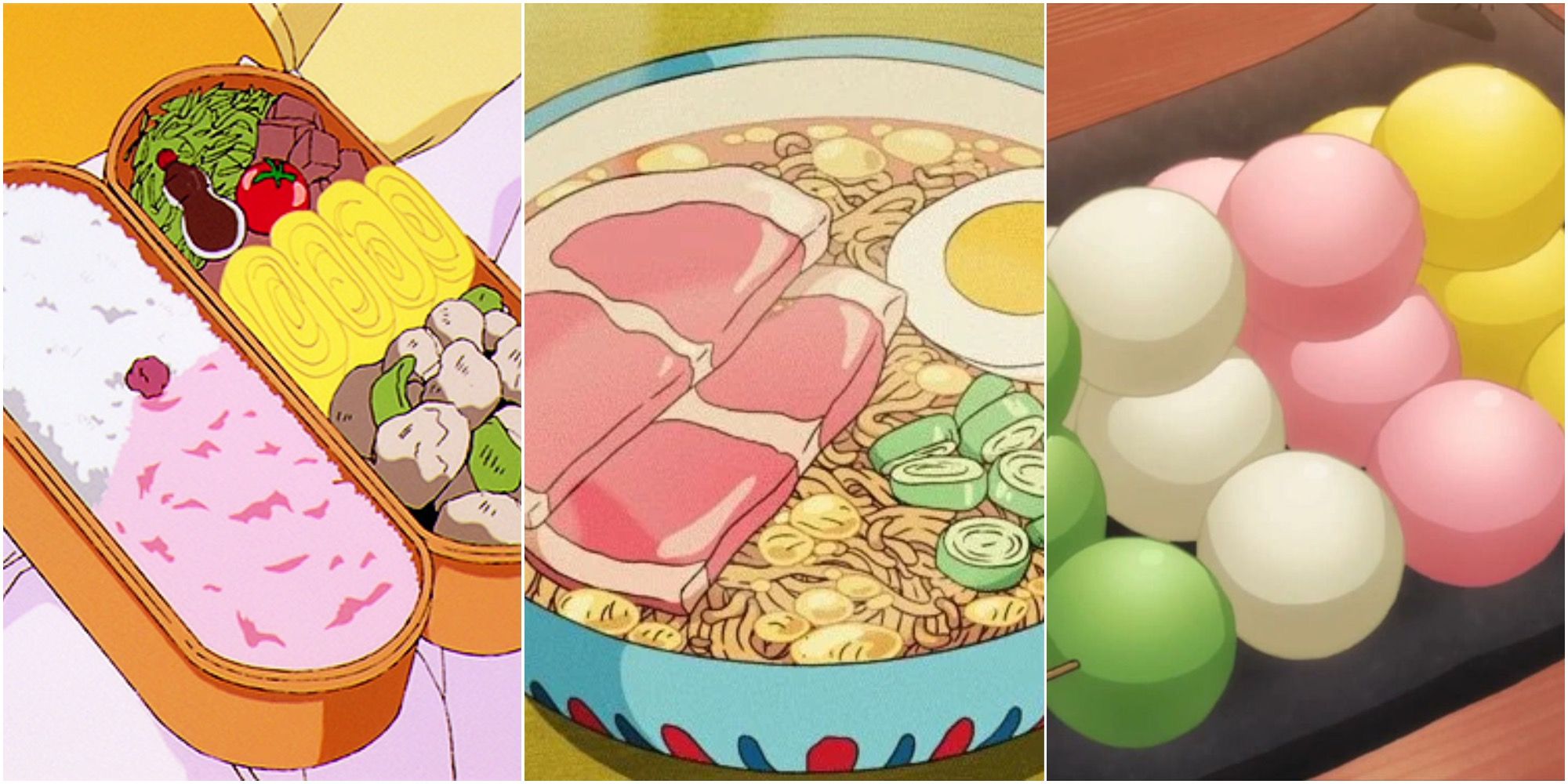 Коллаж из лучших блюд в аниме с участием Bento Box, Ramen и Dango