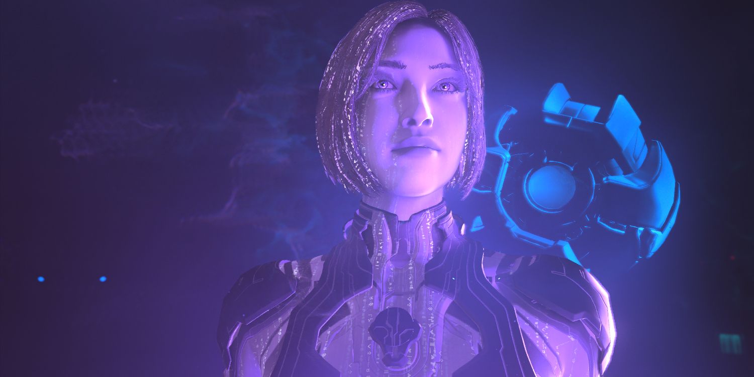 a glowing, translucent, purple woman with an orb-shaped robot floating behind her