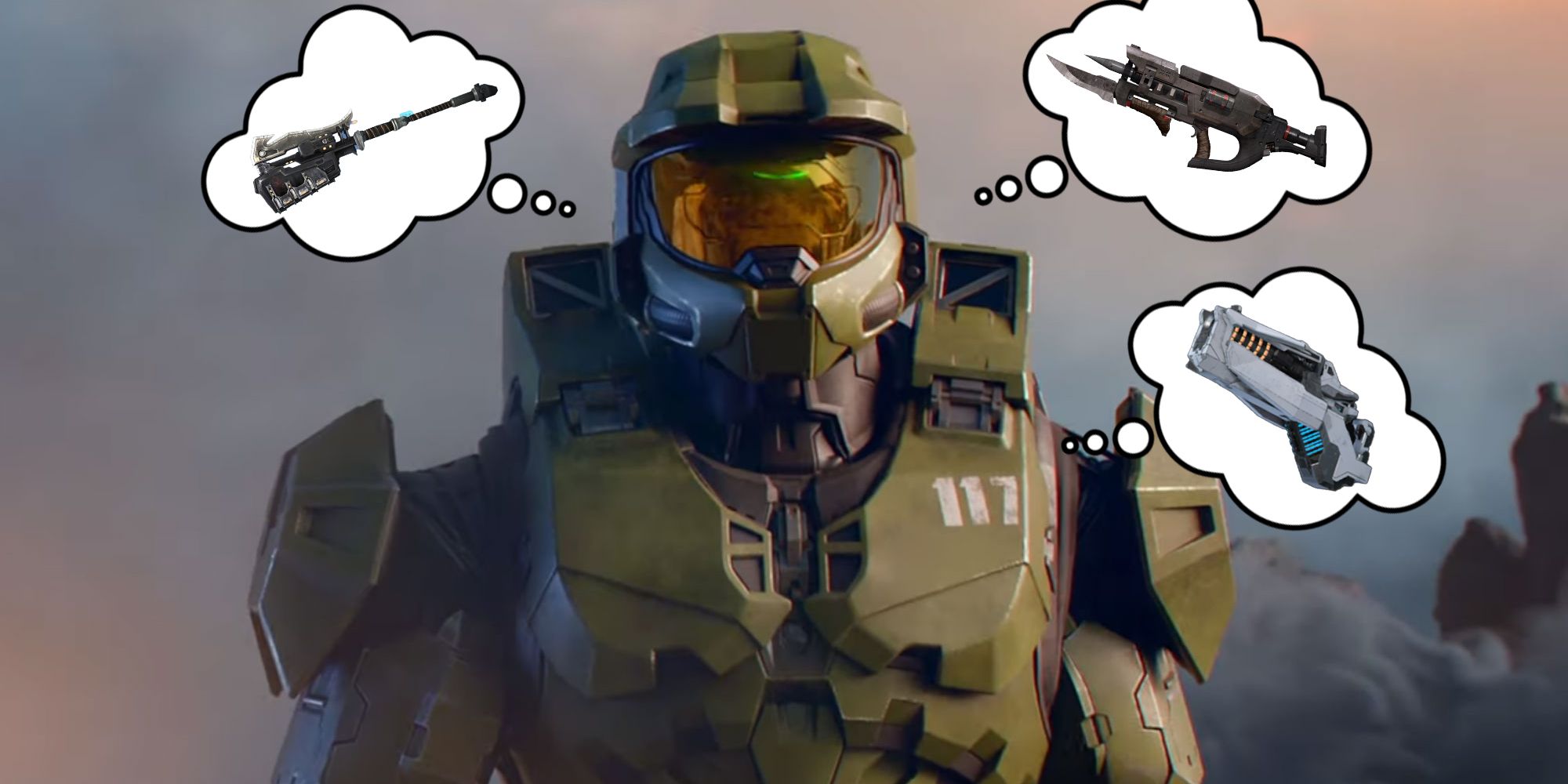 Halo Infinite Master Chief with weapon thought bubbles