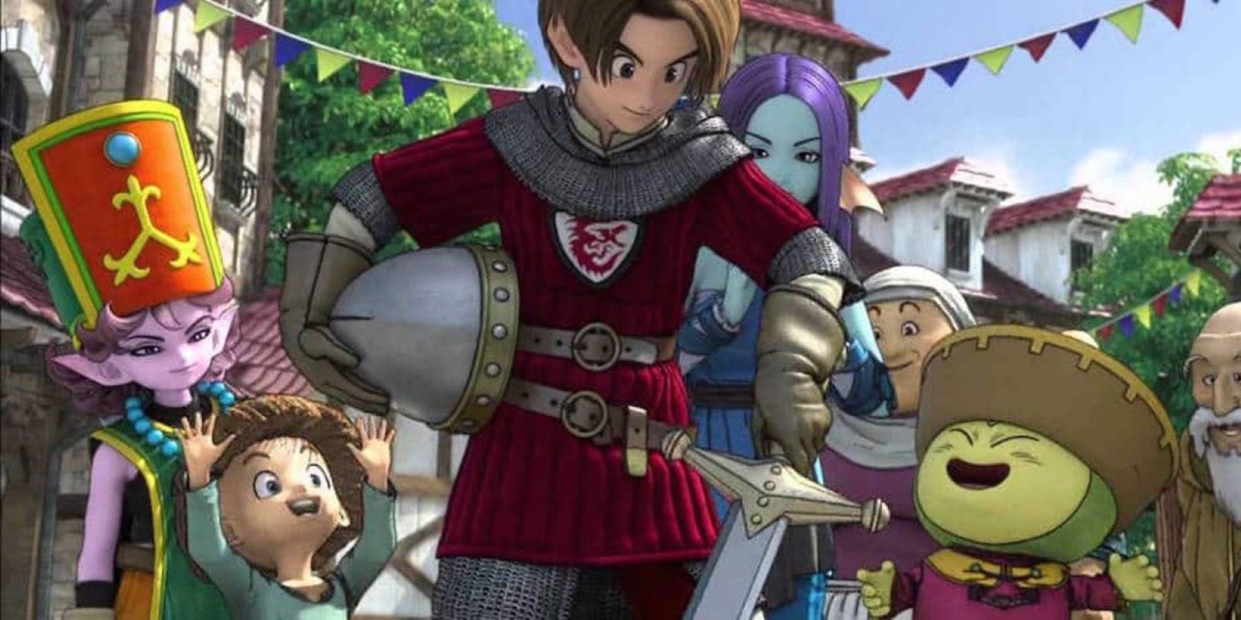 The human protagonist of Dragon Quest 10: Awakening of the Five Tribes wearing armor and surrounded by friends