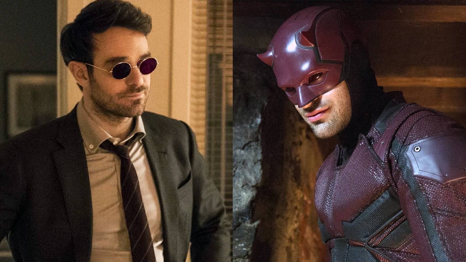 A split image depicts Charlie Cox as Matt Murdock and Daredevil