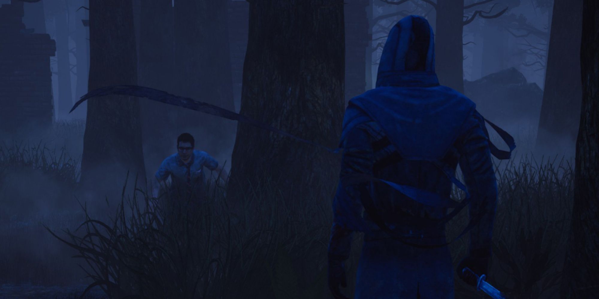 The Ghost Face pursuing a survivor in Dead By Daylight
