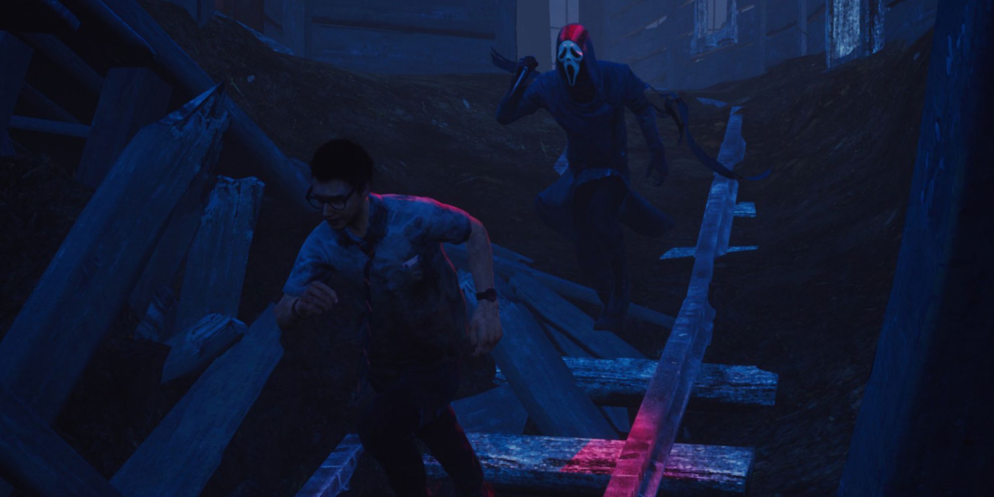 The Ghost Face chasing a survivor in Dead By Daylight