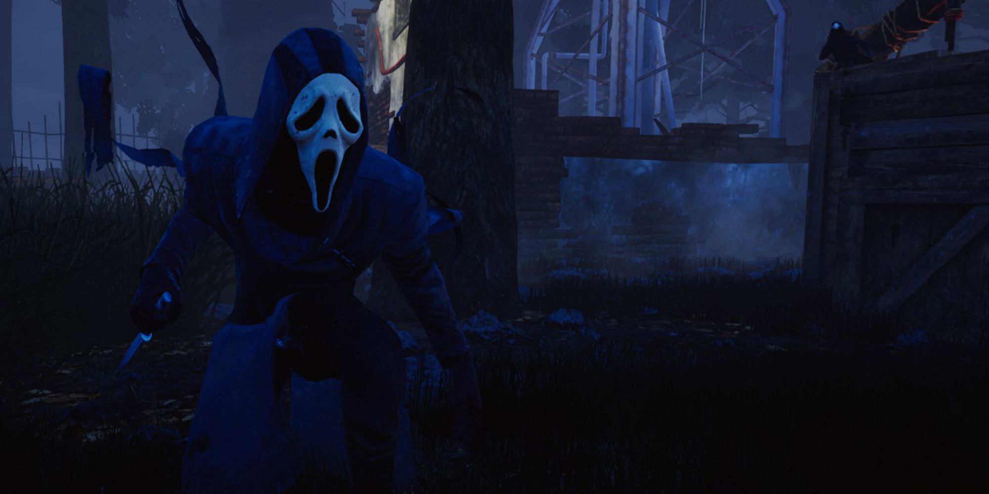 The Ghost Face crouching in Dead By Daylight