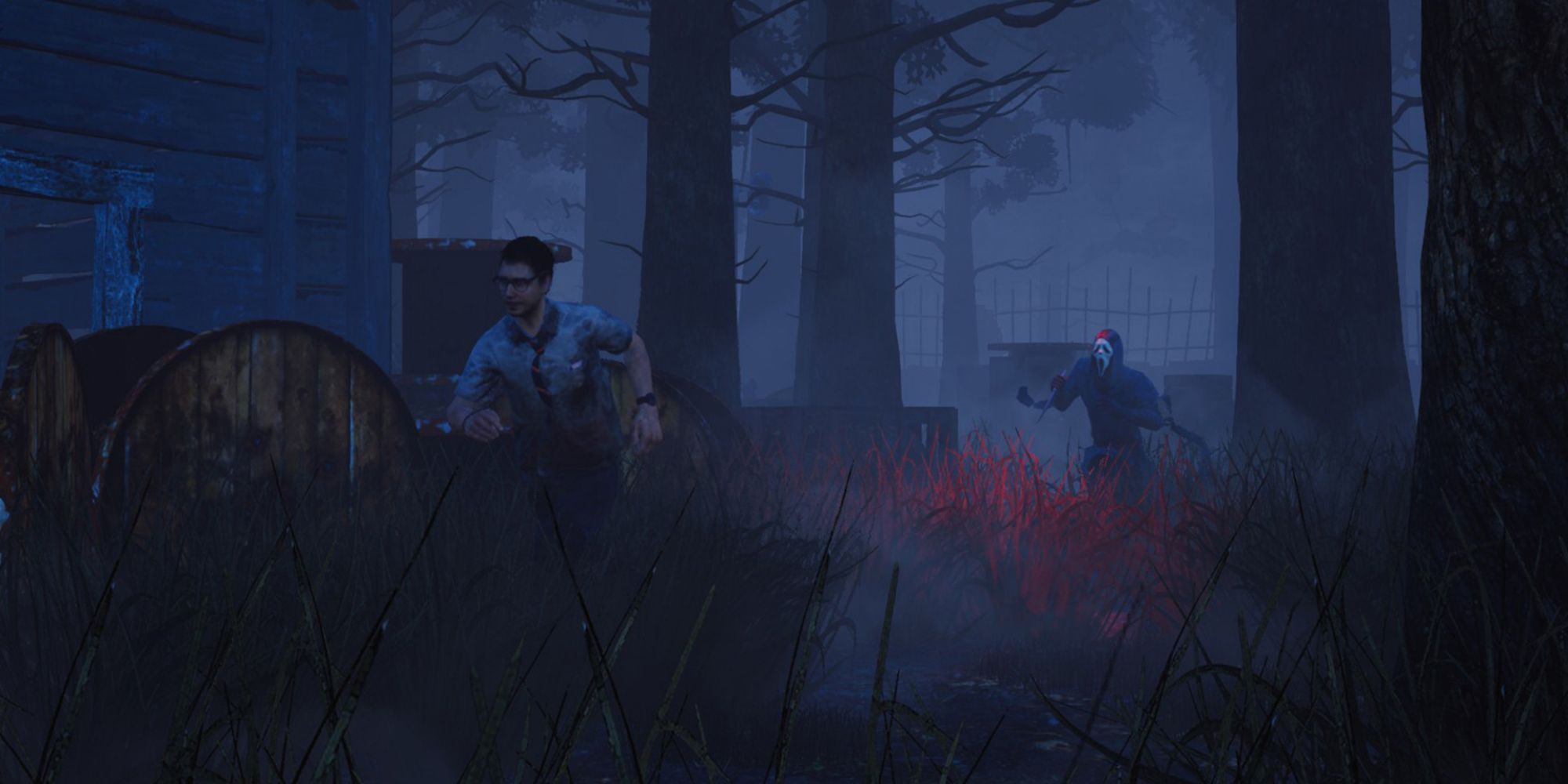 The Ghost Face chasing a survivor in Dead By Daylight