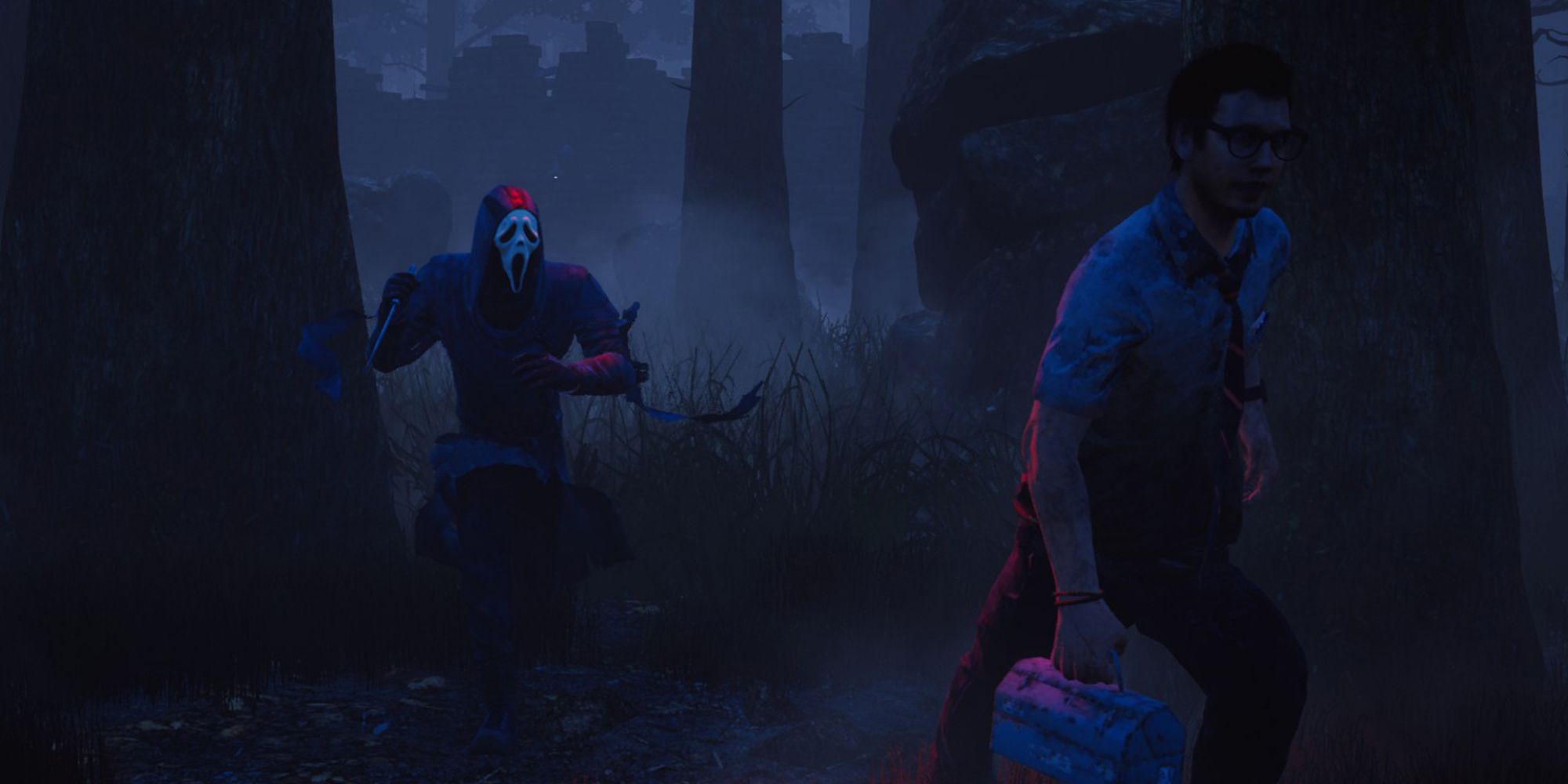 The Ghost Face chasing a survivor with a toolbox in Dead By Daylight