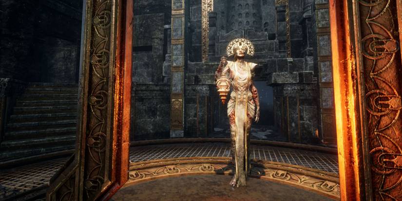 The Plague holds her Censer aloft inside a temple