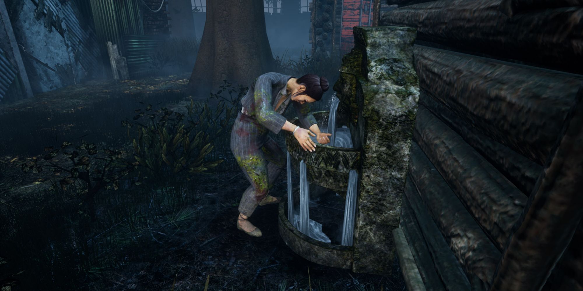 An infected survivor cleanses at a fountain in Dead by Daylight