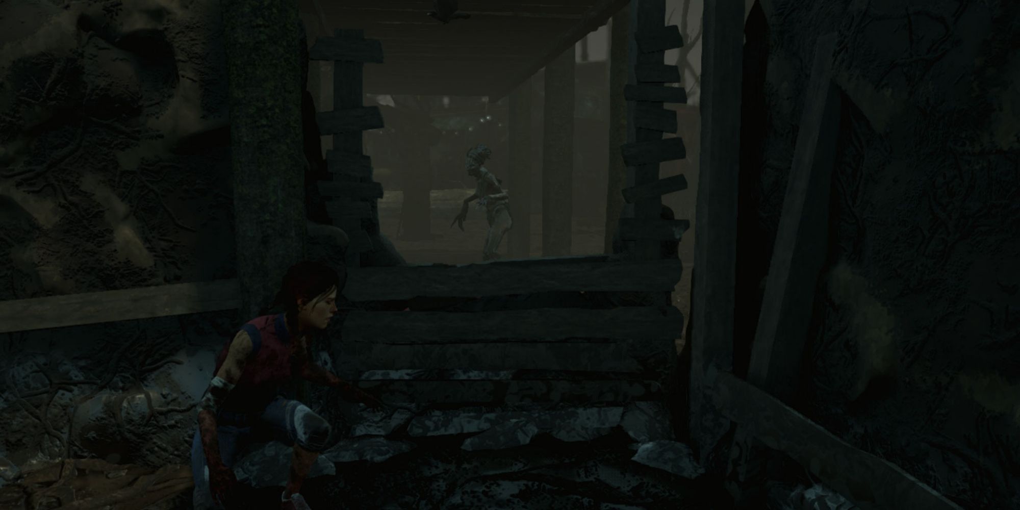 A survivor hiding from The Hag in Dead By Daylight